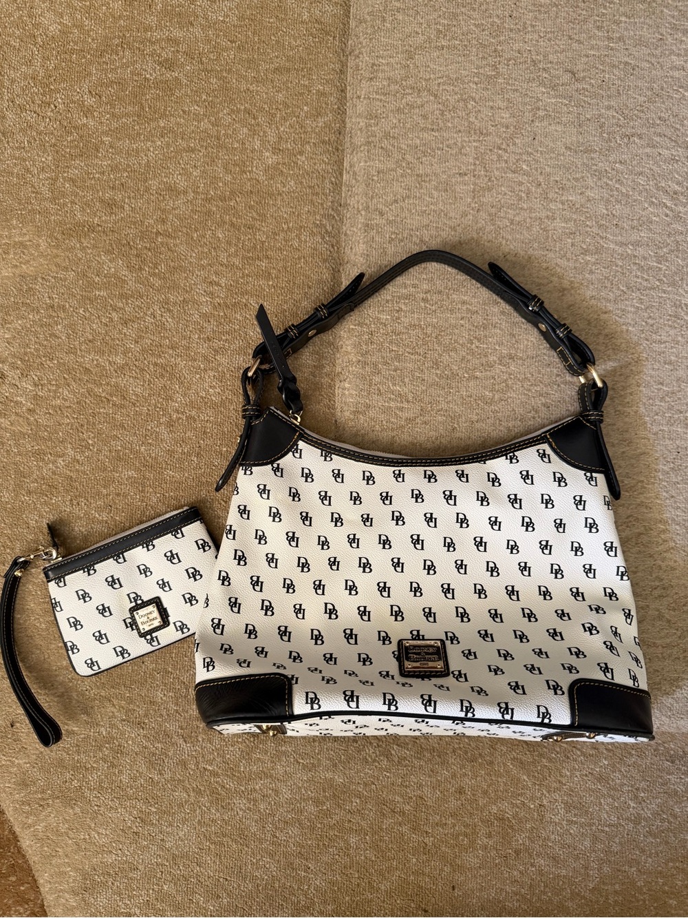 Dooney & Bourke Gretta Hobo Shoulder Bag white black monogram with wristlet